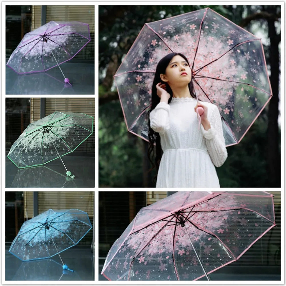 Cherry Blossom Transparent Umbrella - UV Protection, 3-Fold Clear Sun and Rain Umbrella for Women and Girls