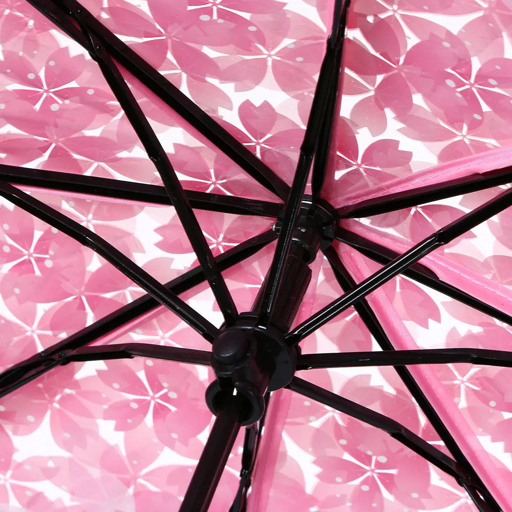 Cherry Blossom Transparent Umbrella - UV Protection, 3-Fold Clear Sun and Rain Umbrella for Women and Girls