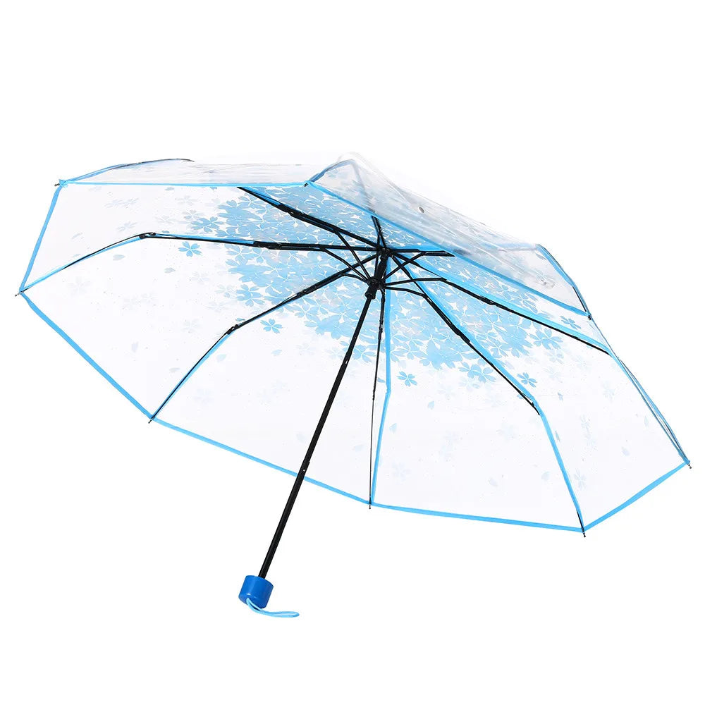 Cherry Blossom Transparent Umbrella - UV Protection, 3-Fold Clear Sun and Rain Umbrella for Women and Girls