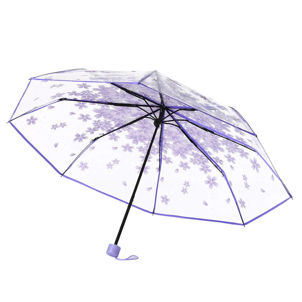 Cherry Blossom Transparent Umbrella - UV Protection, 3-Fold Clear Sun and Rain Umbrella for Women and Girls