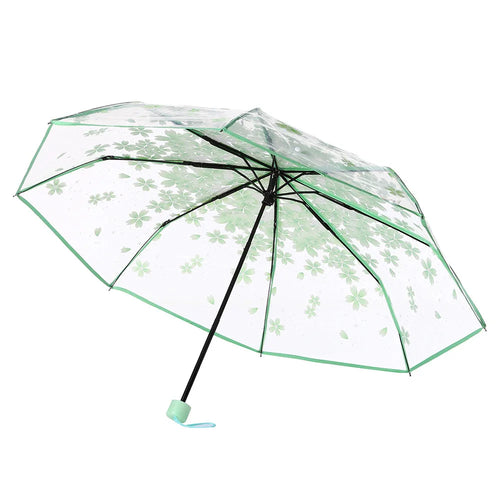 Cherry Blossom Transparent Umbrella - UV Protection, 3-Fold Clear Sun and Rain Umbrella for Women and Girls