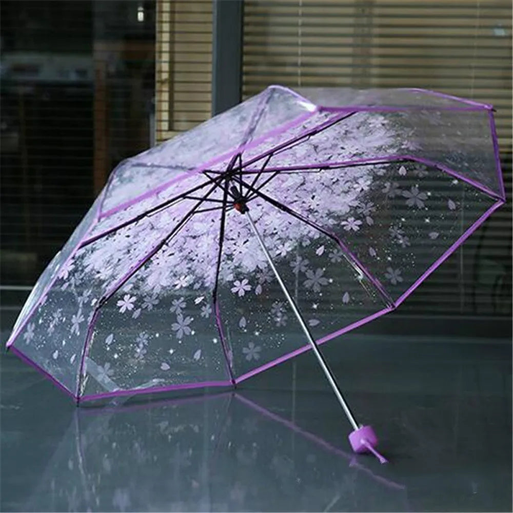Cherry Blossom Transparent Umbrella - UV Protection, 3-Fold Clear Sun and Rain Umbrella for Women and Girls