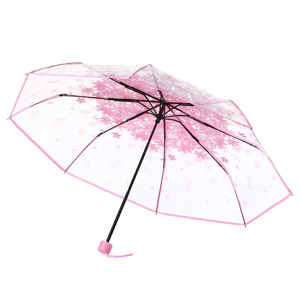 Cherry Blossom Transparent Umbrella - UV Protection, 3-Fold Clear Sun and Rain Umbrella for Women and Girls