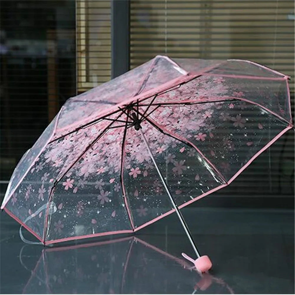 Cherry Blossom Transparent Umbrella - UV Protection, 3-Fold Clear Sun and Rain Umbrella for Women and Girls